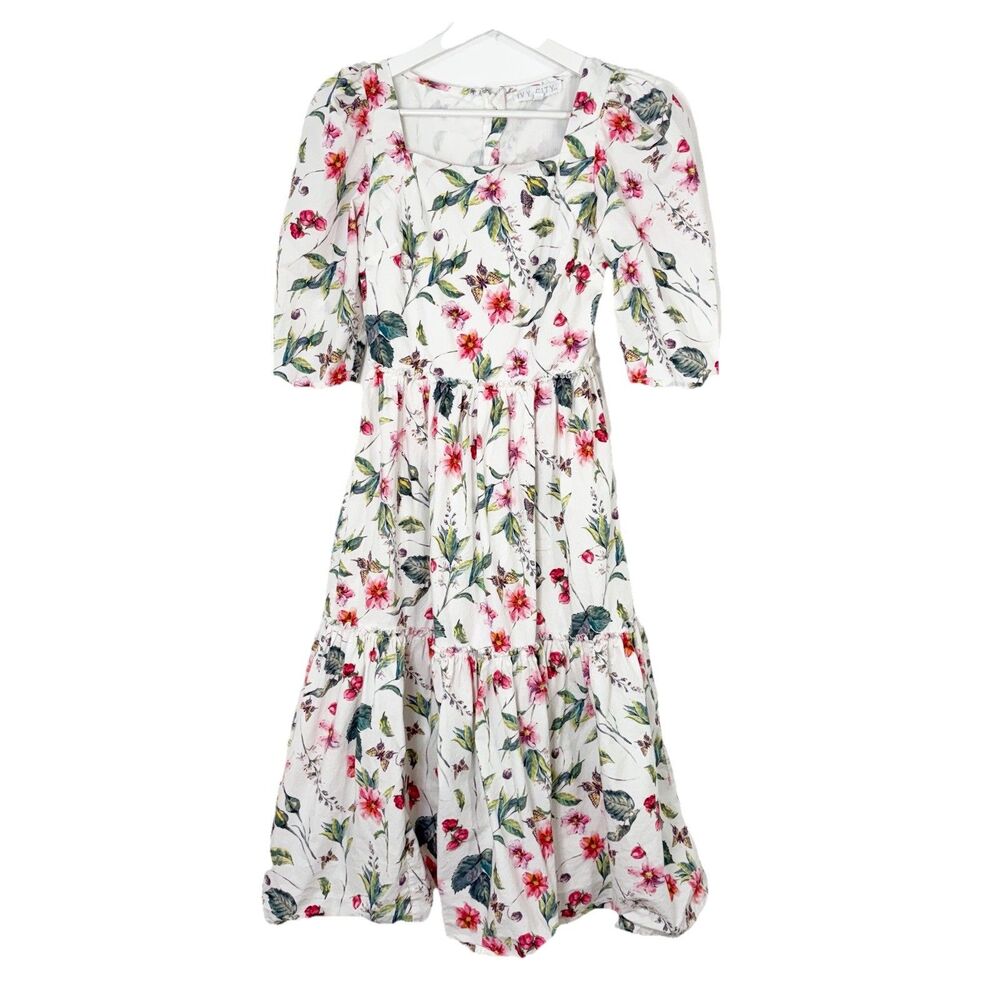 Ivy City Co Cora Floral Butterfly Smocked Midi Dress XXS Oversized Tiered